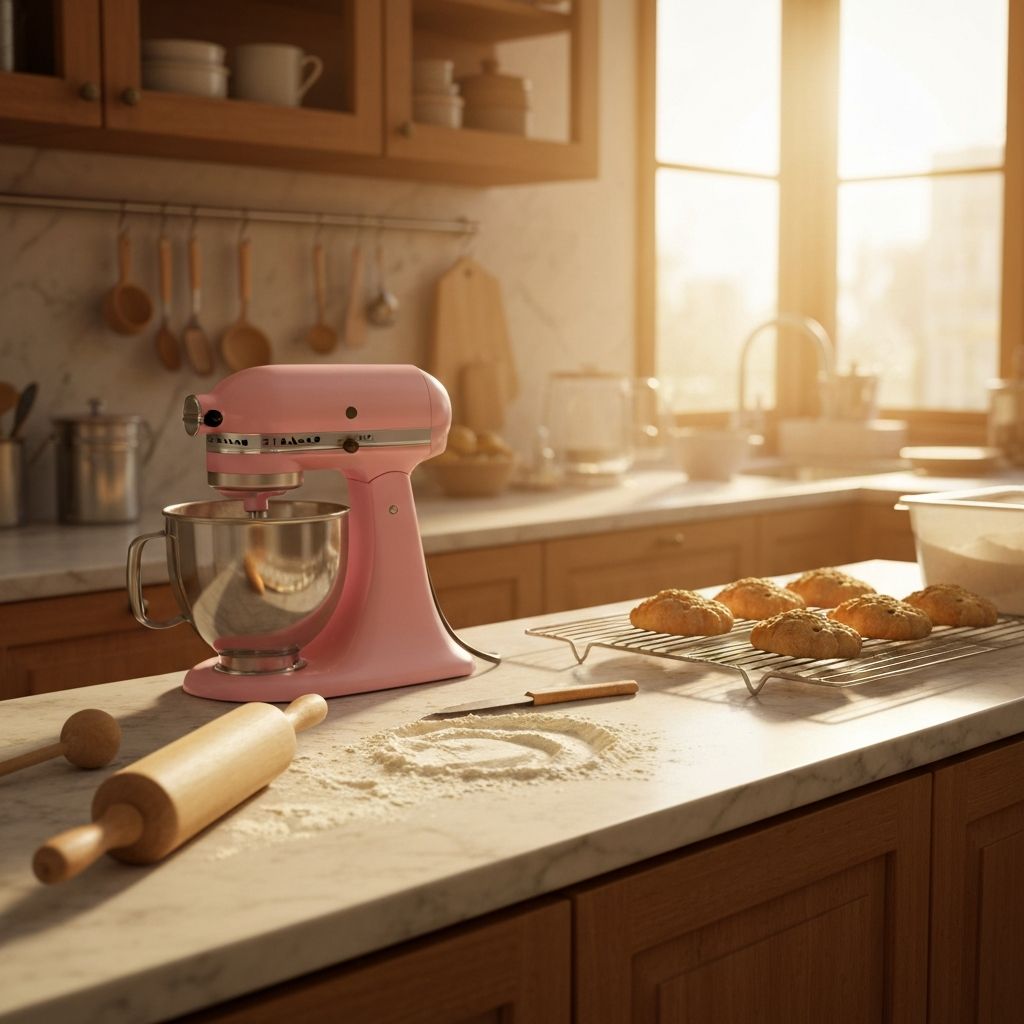 Blush Bakery kitchen with mixer and baking tools on a marble counter
