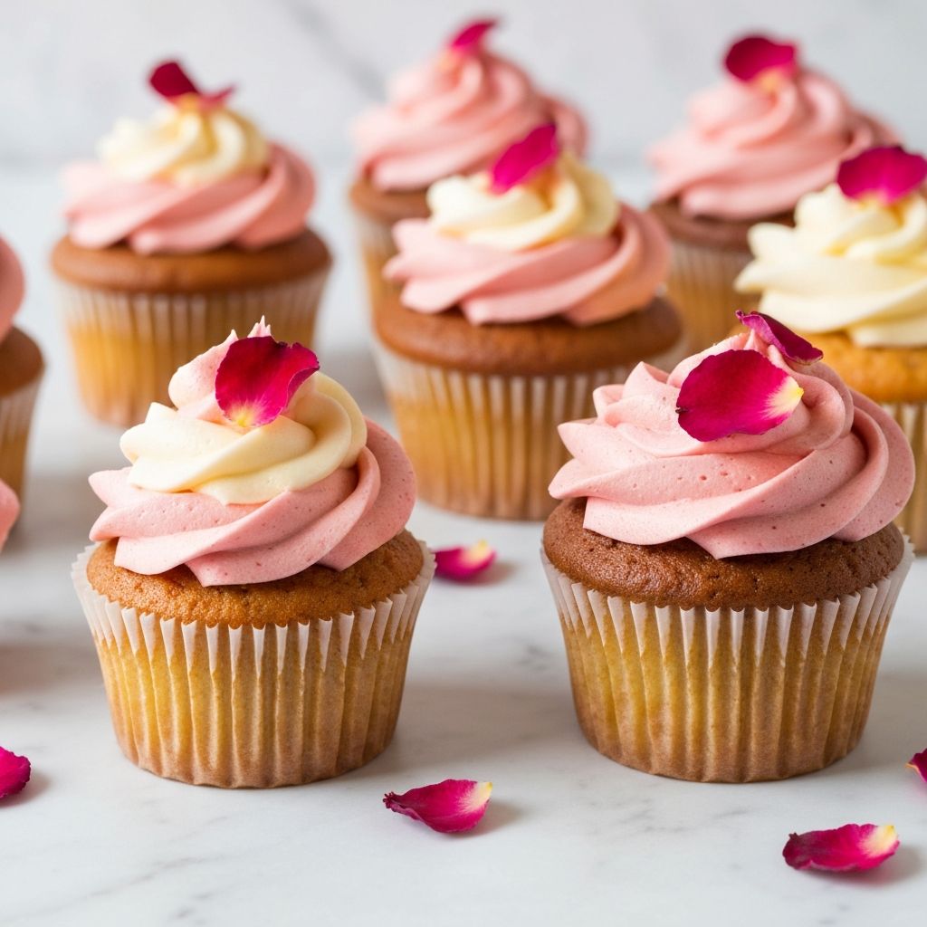 Artisan cupcakes with pink swirled cream cheese frosting on marble surface