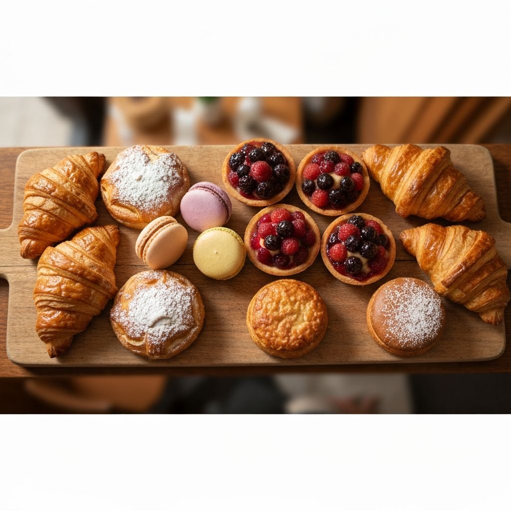 Assorted artisan pastries including croissants, macarons and berry tarts on a wooden board